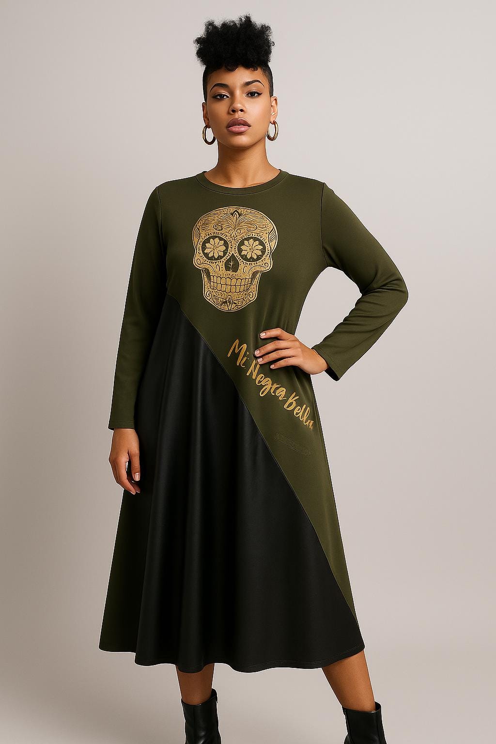 Vestido bicolor calavera dorada – Mi Negra Bella · Talla XL