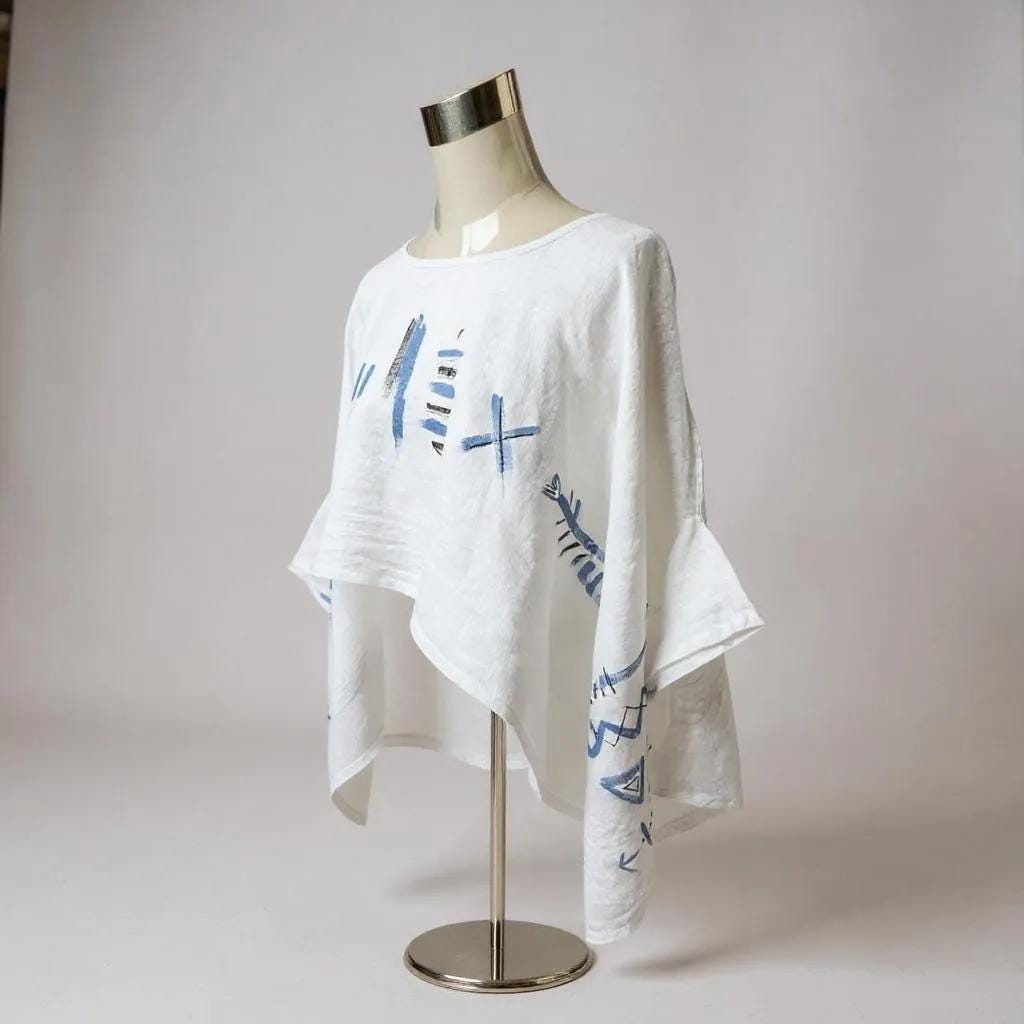 Blusa poncho de lino blanco con diseño étnico pintado a mano – Talla única, estilo mariposa, elegante y ligera