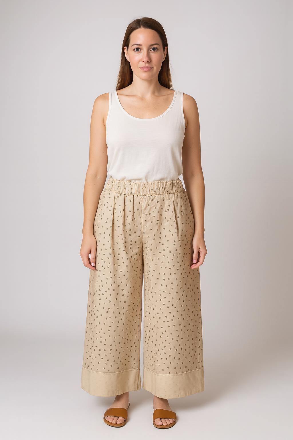 Pantalón palazzo ancho beige con topos | algodón suave retro | pieza artesanal sin customizar