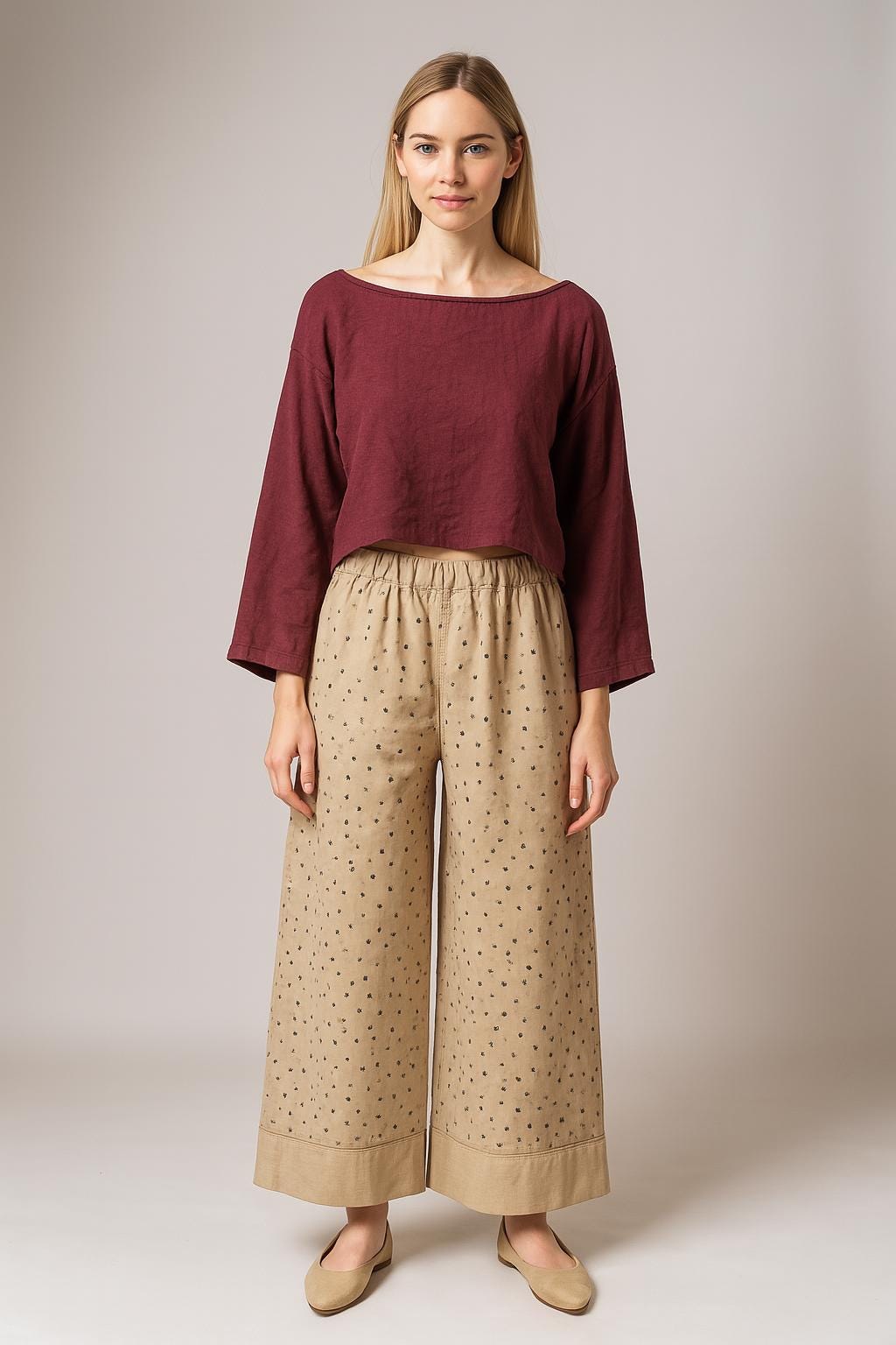 Pantalón palazzo ancho beige con topos | algodón suave retro | pieza artesanal sin customizar