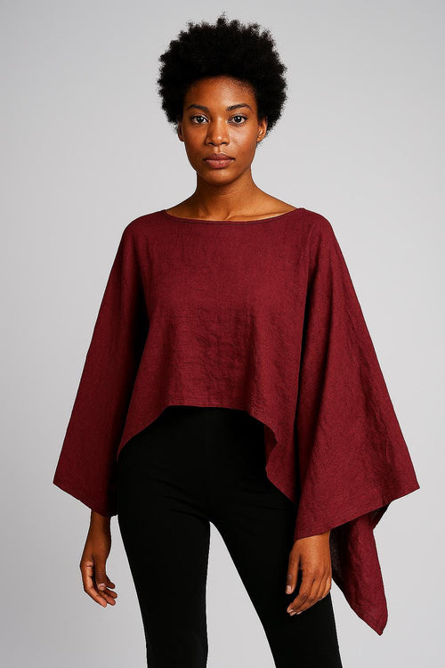 Blusa bohemia granate de lino con mangas murciélago – Crop top artesanal asimétrico – Ropa alternativa mujer talla única