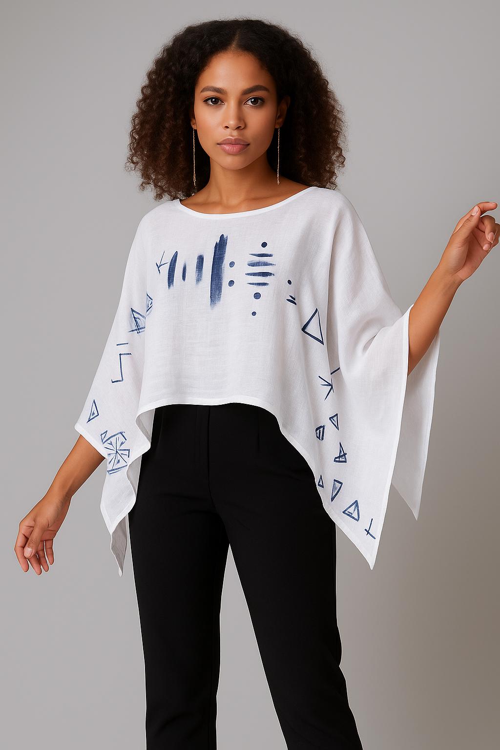 Blusa poncho de lino blanco con diseño étnico pintado a mano – Talla única, estilo mariposa, elegante y ligera