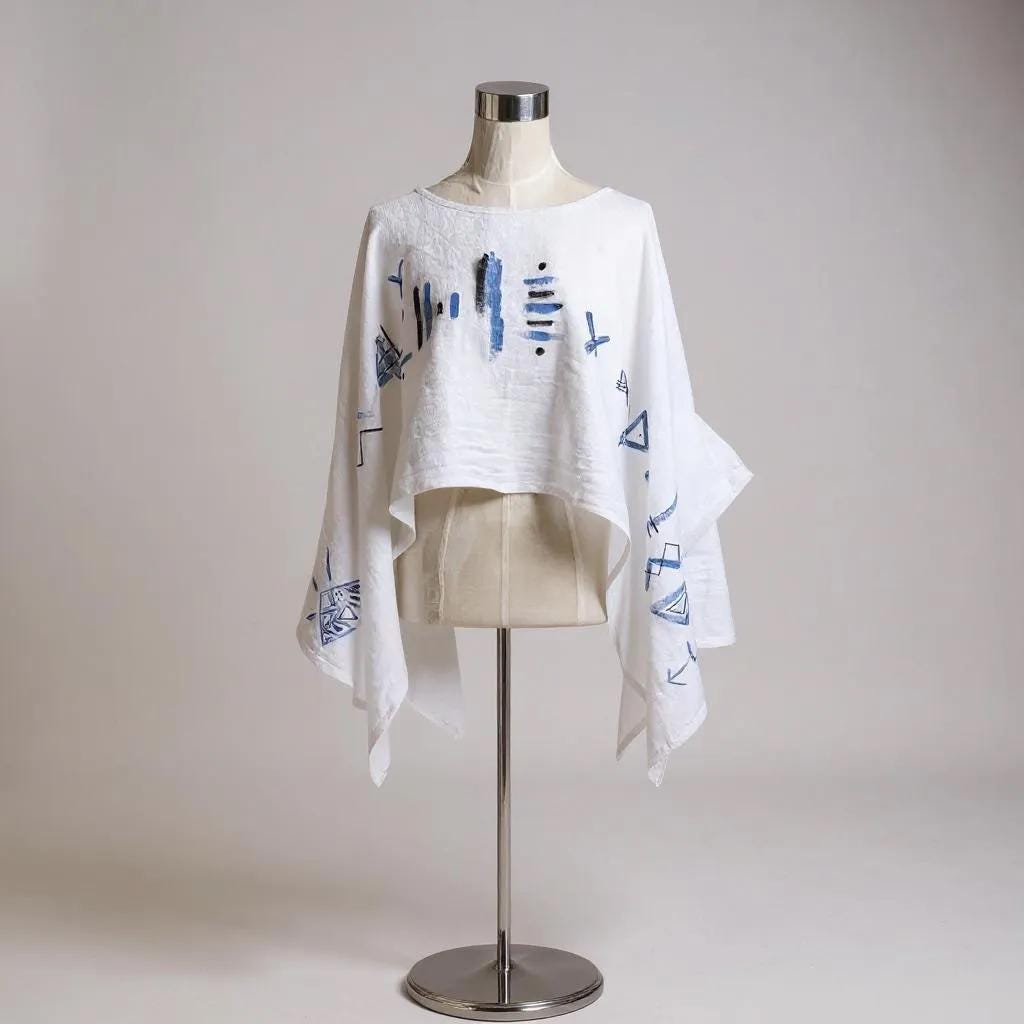 Blusa poncho de lino blanco con diseño étnico pintado a mano – Talla única, estilo mariposa, elegante y ligera
