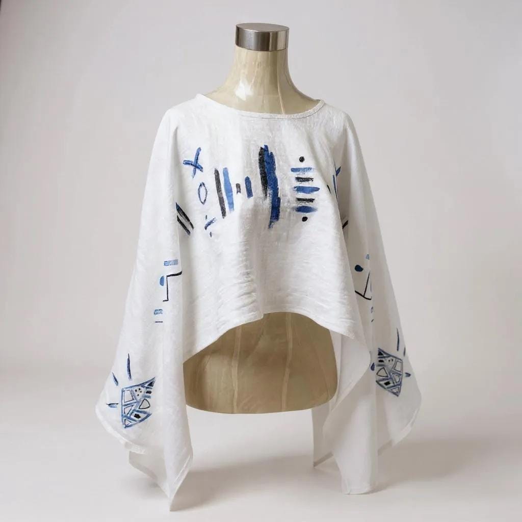 Blusa poncho de lino blanco con diseño étnico pintado a mano – Talla única, estilo mariposa, elegante y ligera