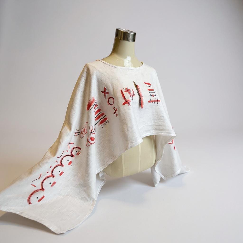 Poncho de lino blanco con símbolos étnicos en rojo – Blusa mariposa artesanal pintada a mano – Talla única – Moda boho chi...