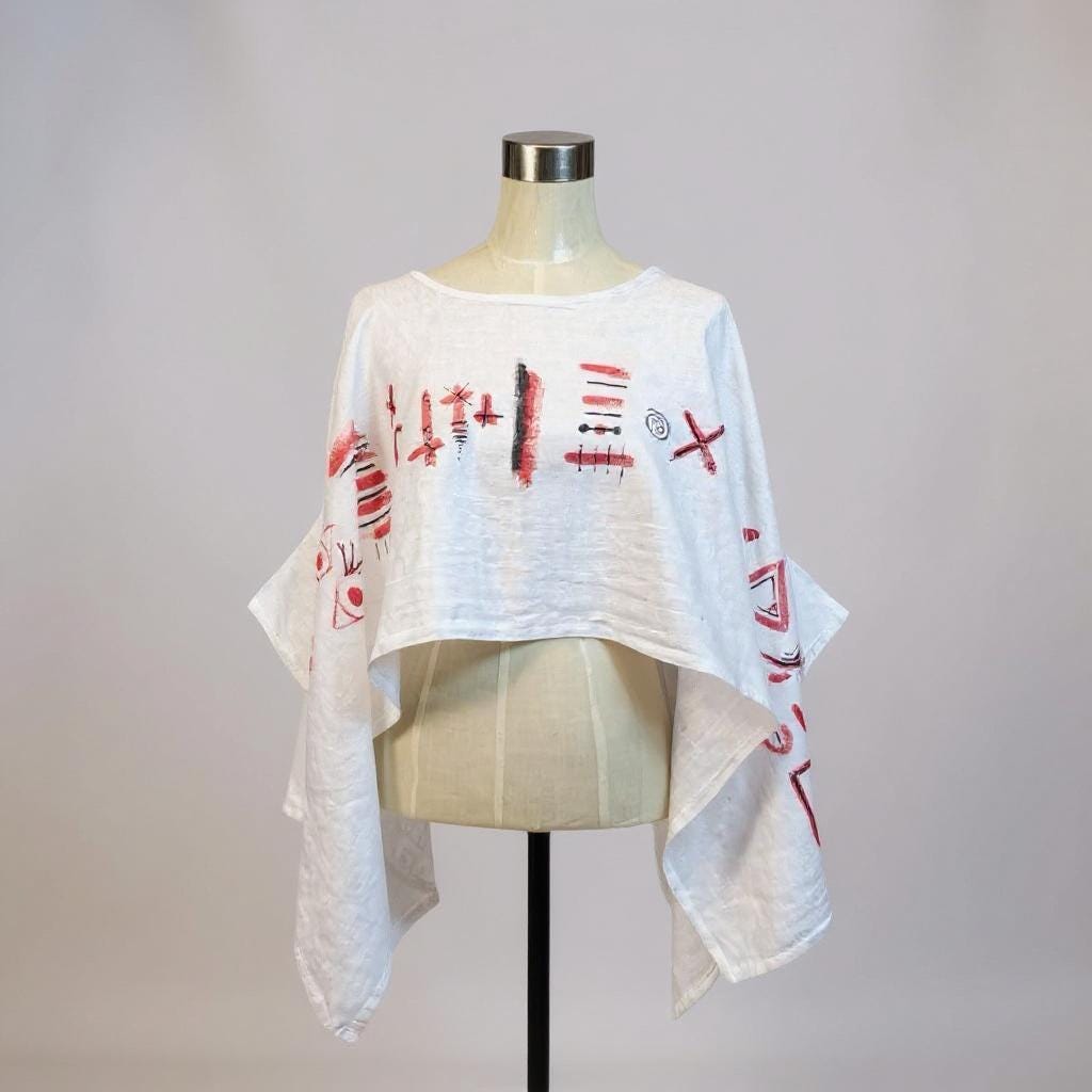Poncho de lino blanco con símbolos étnicos en rojo – Blusa mariposa artesanal pintada a mano – Talla única – Moda boho chi...