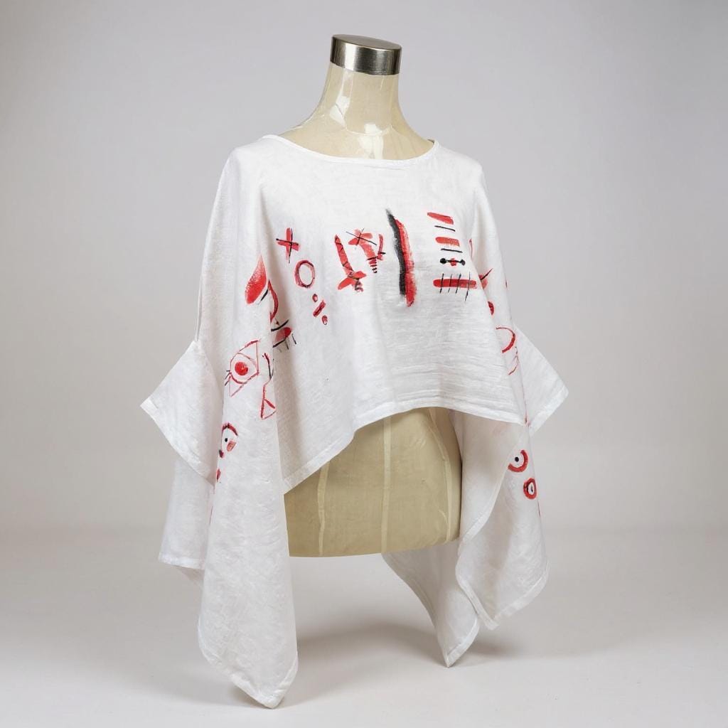 Poncho de lino blanco con símbolos étnicos en rojo – Blusa mariposa artesanal pintada a mano – Talla única – Moda boho chi...
