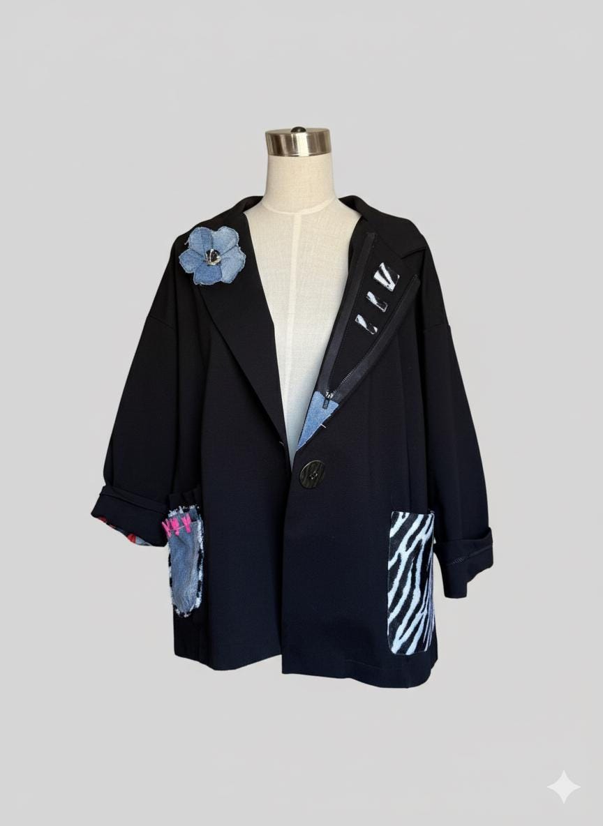 Chaqueta negra oversize customizada a mano | Blazer artístico con parches únicos | Moda sostenible mujer | Mi Negra Bella
