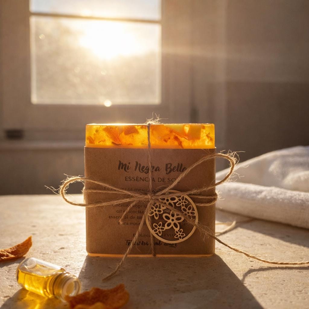 Jabón artesanal cítrico Esencia de Sol | Naranja, Limón y Neroli | Jabón vegano hecho a mano | Mi Negra Bella