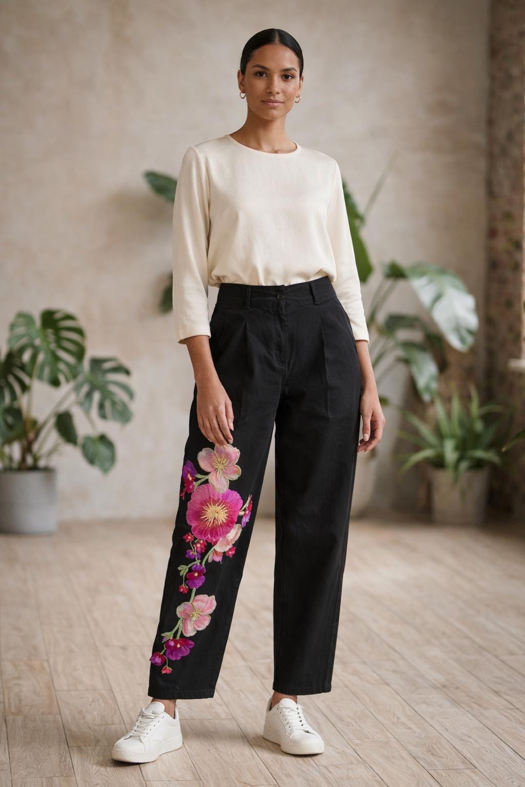 Pantalón negro mujer bordado floral talla 42 pantalón elegante hecho a mano diseño artesanal