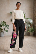Pantalón negro mujer bordado floral talla 42 pantalón elegante hecho a mano diseño artesanal