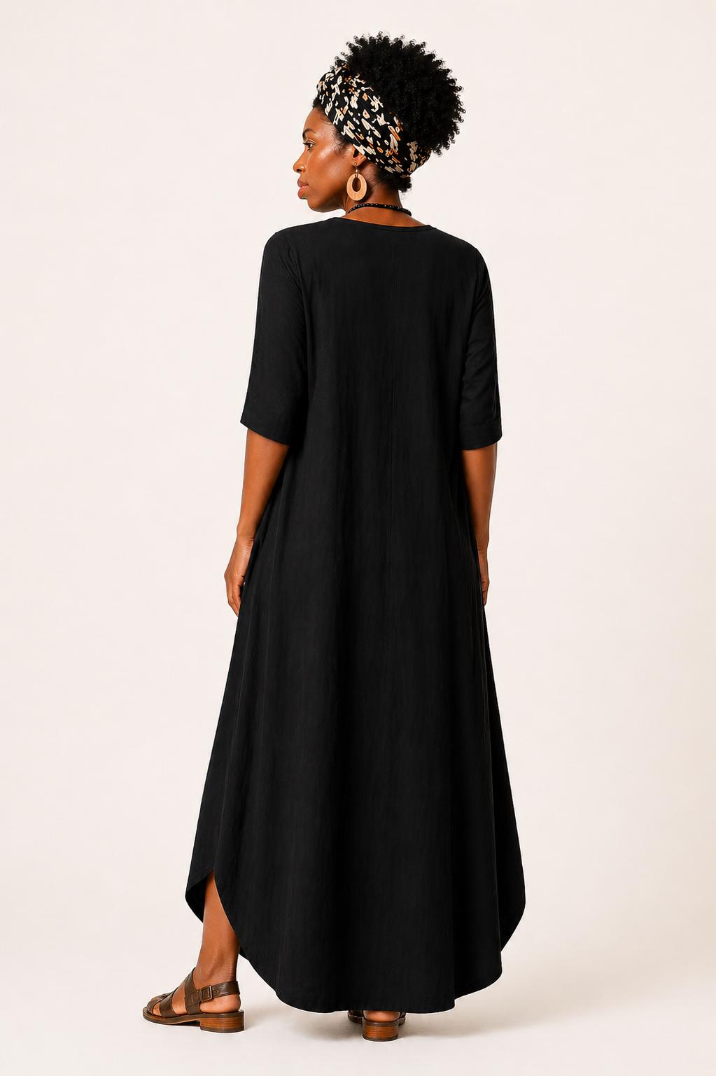 Vestido largo negro oversize con bolsillos, vestido boho de verano para mujer