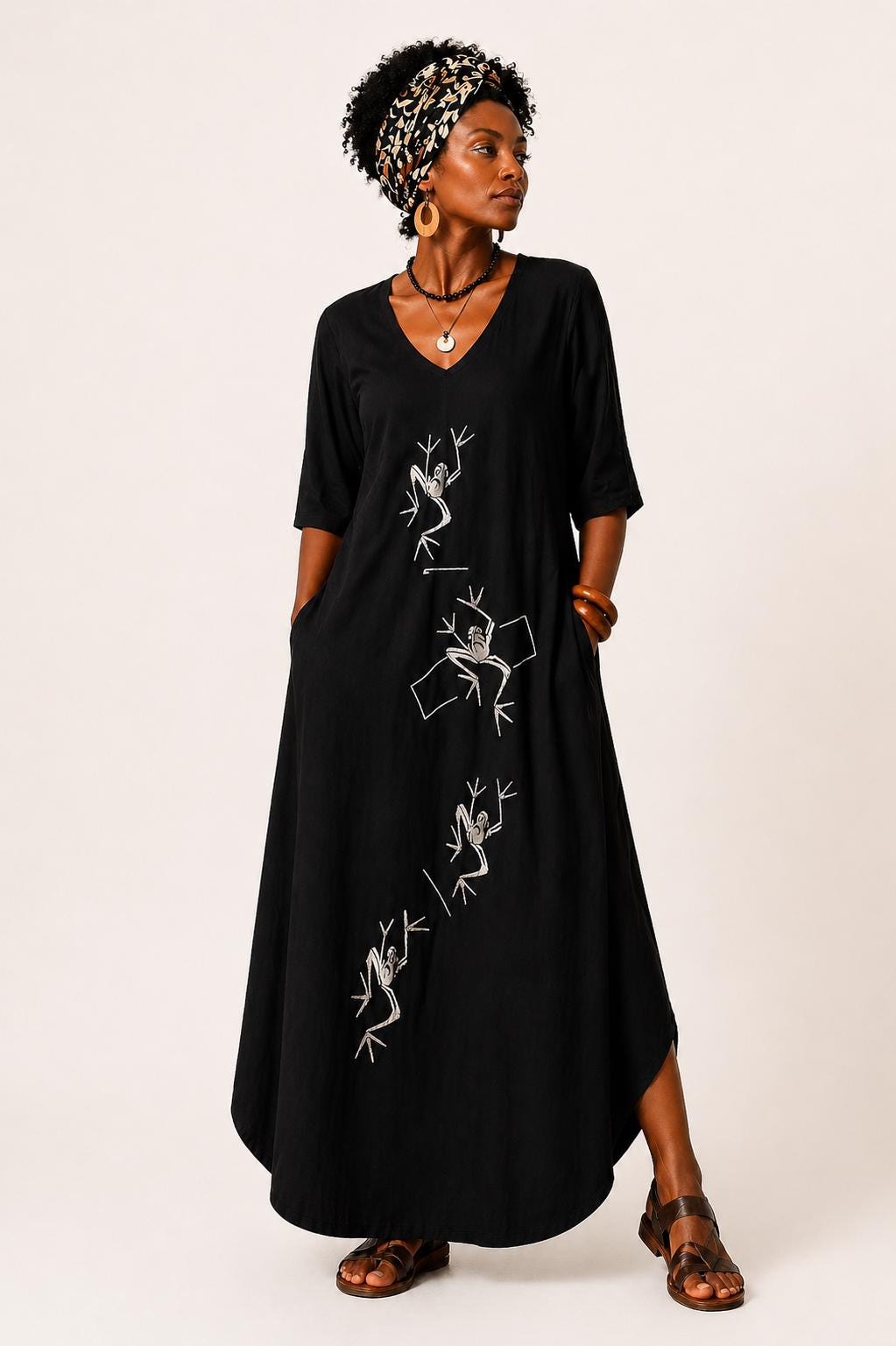 Vestido largo negro oversize con bolsillos, vestido boho de verano para mujer