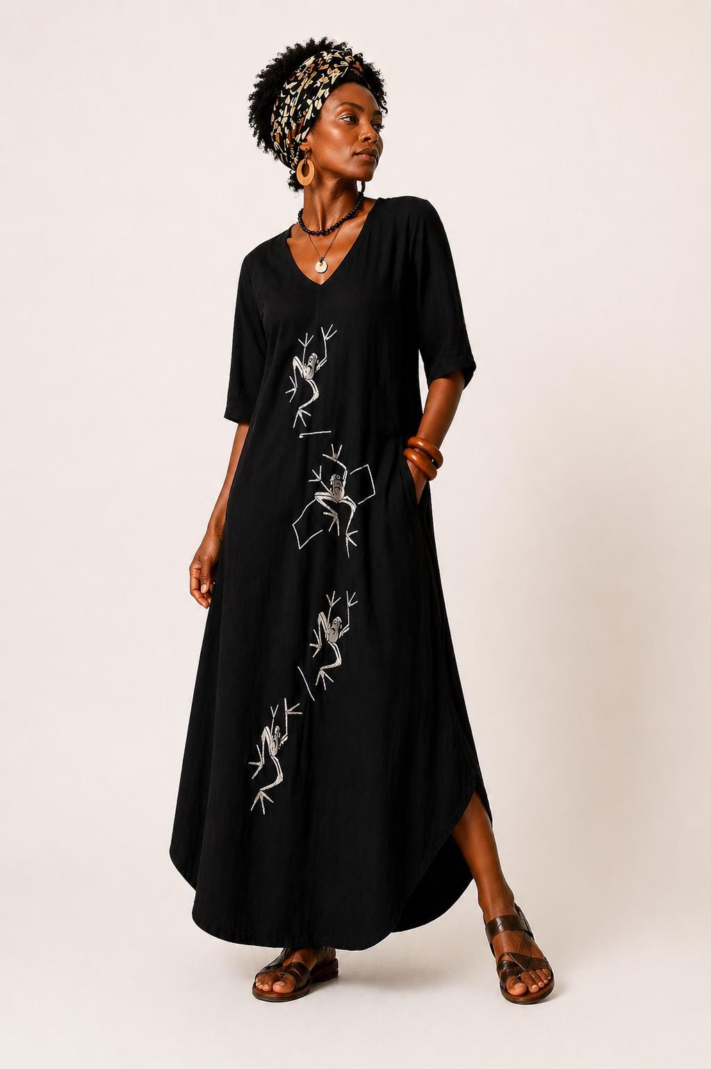 Vestido largo negro oversize con bolsillos, vestido boho de verano para mujer
