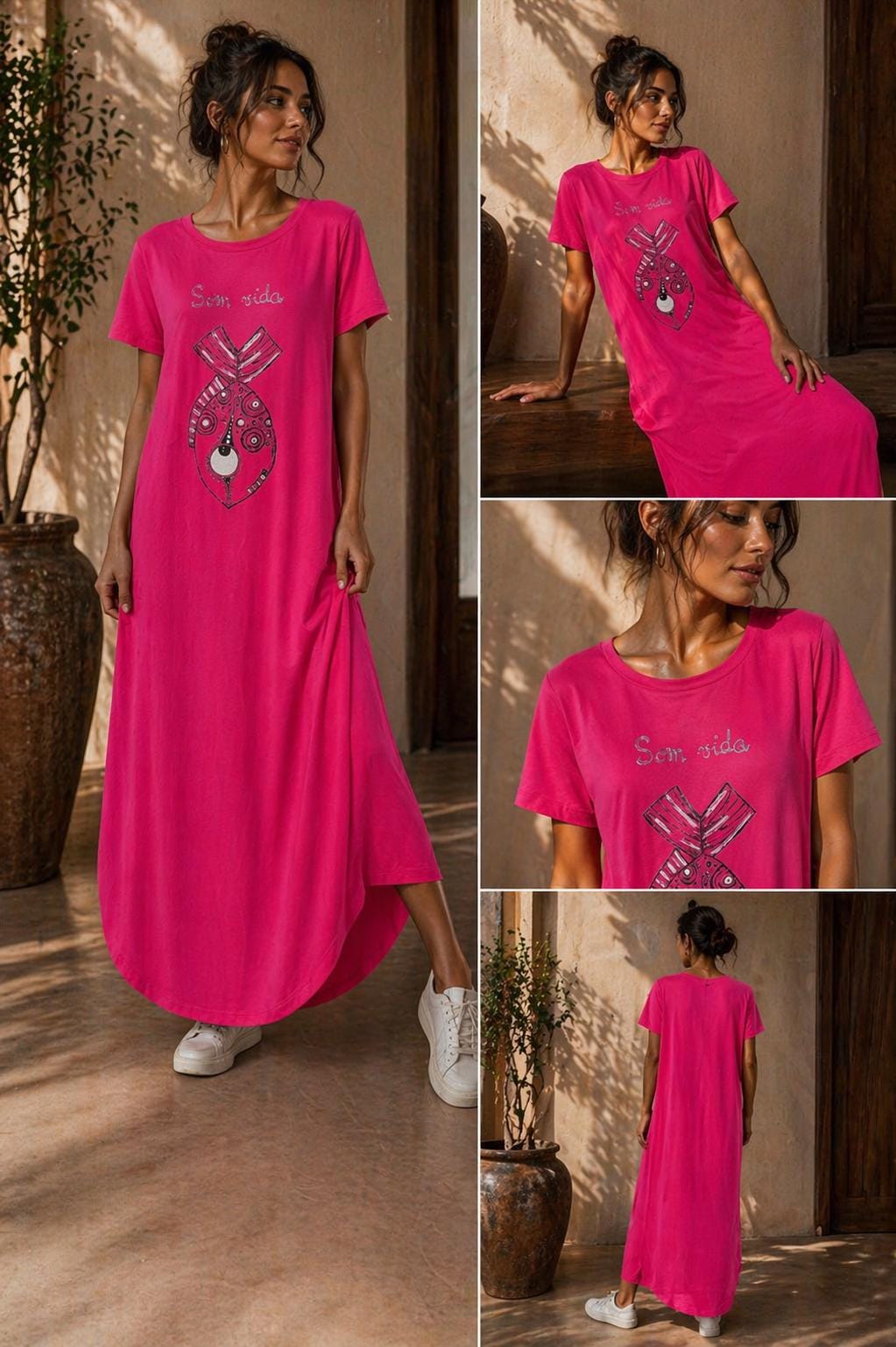 Vestido largo fucsia oversize con bolsillos, vestido boho de verano para mujer