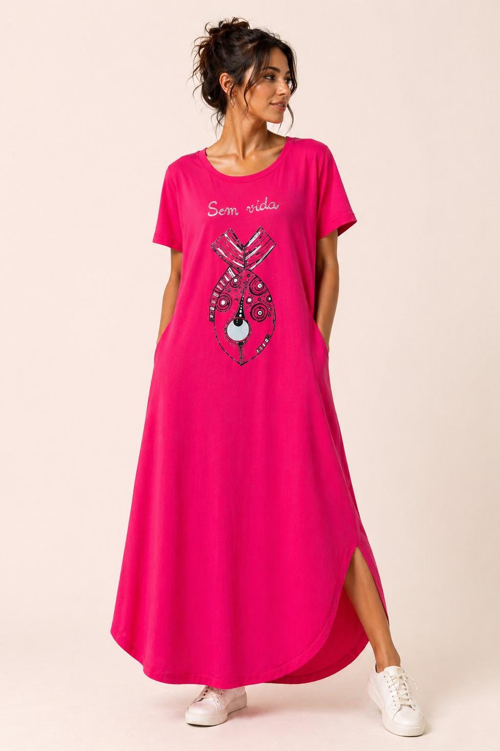 Vestido largo fucsia oversize con bolsillos, vestido boho de verano para mujer