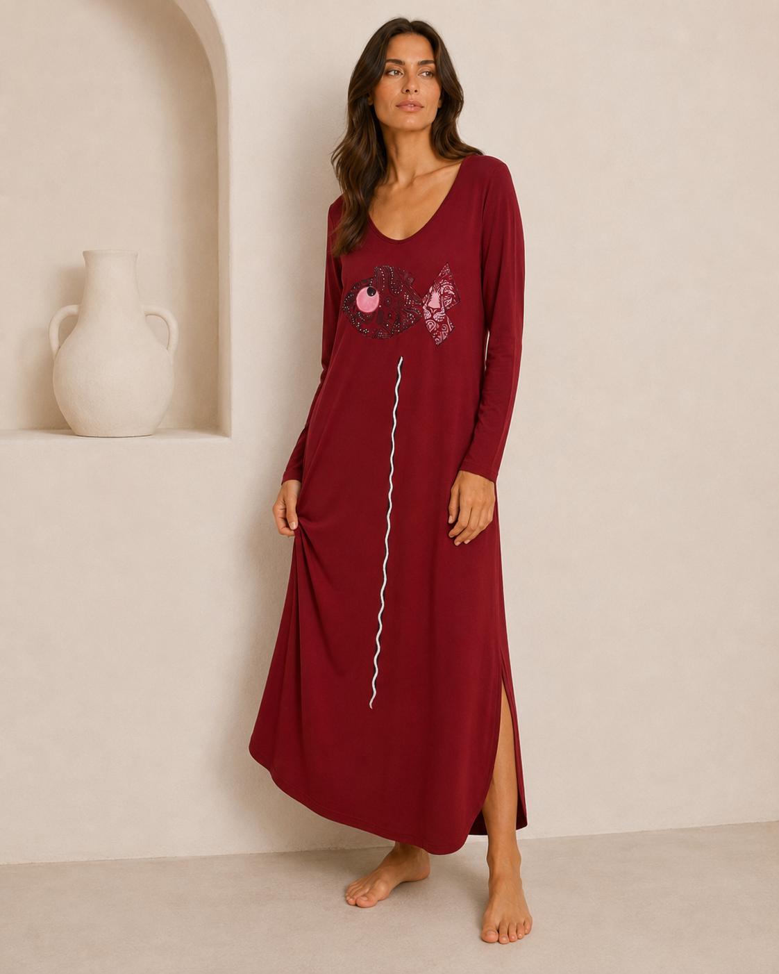 Vestido largo granate mujer | Vestido artístico pintado a mano | Vestido oversize manga larga | Moda artesanal Mi Negra Bella