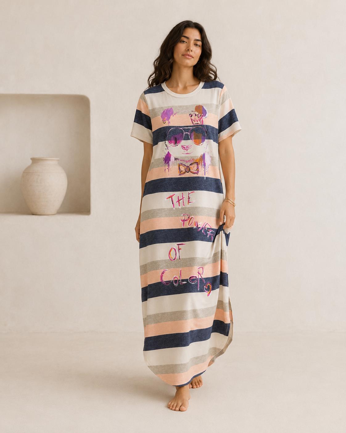 Vestido largo de rayas para mujer | Vestido oversize con panda | Vestido casual verano | Diseño artesanal Mi Negra Bella