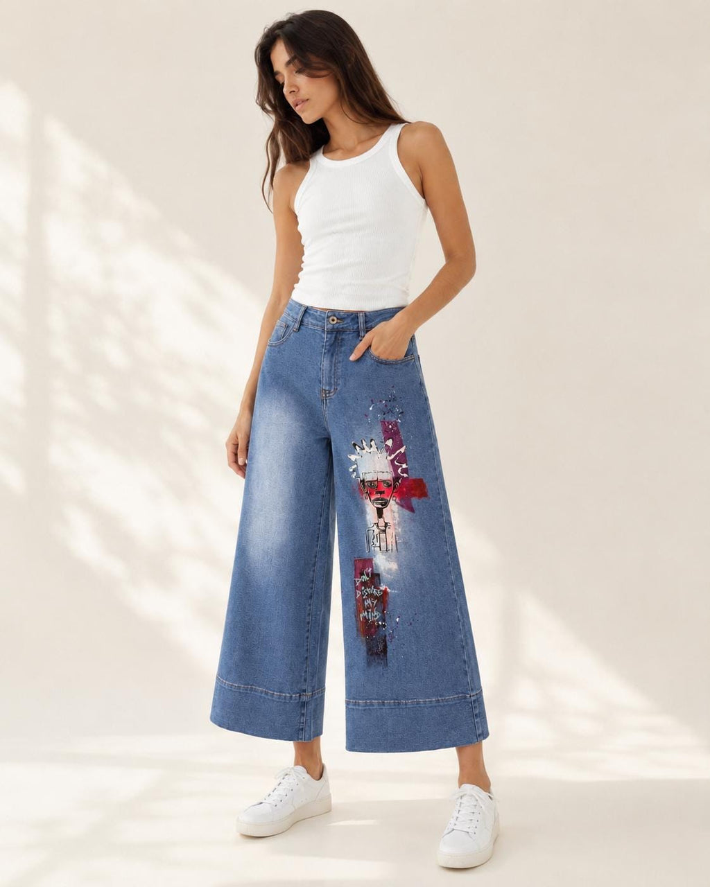 Pantalón Vaquero Artístico Pintado a Mano | Denim Wide Leg Mujer | Inspiración Basquiat | Moda Sostenible | Mi Negra Bella