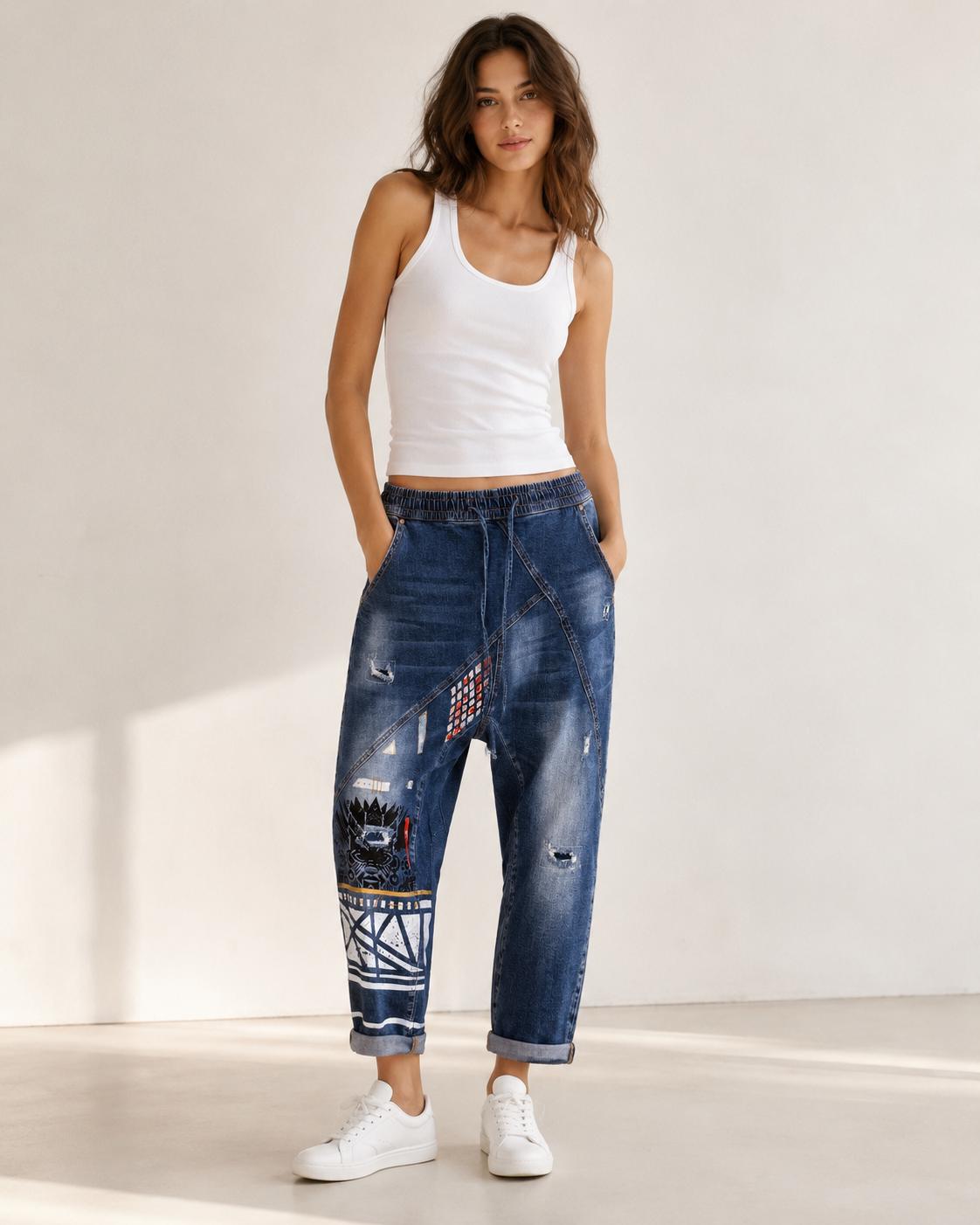 Pantalón vaquero baggy mujer talla L customizado a mano, jeans artísticos con estampado gráfico, pieza única Mi Negra Bella