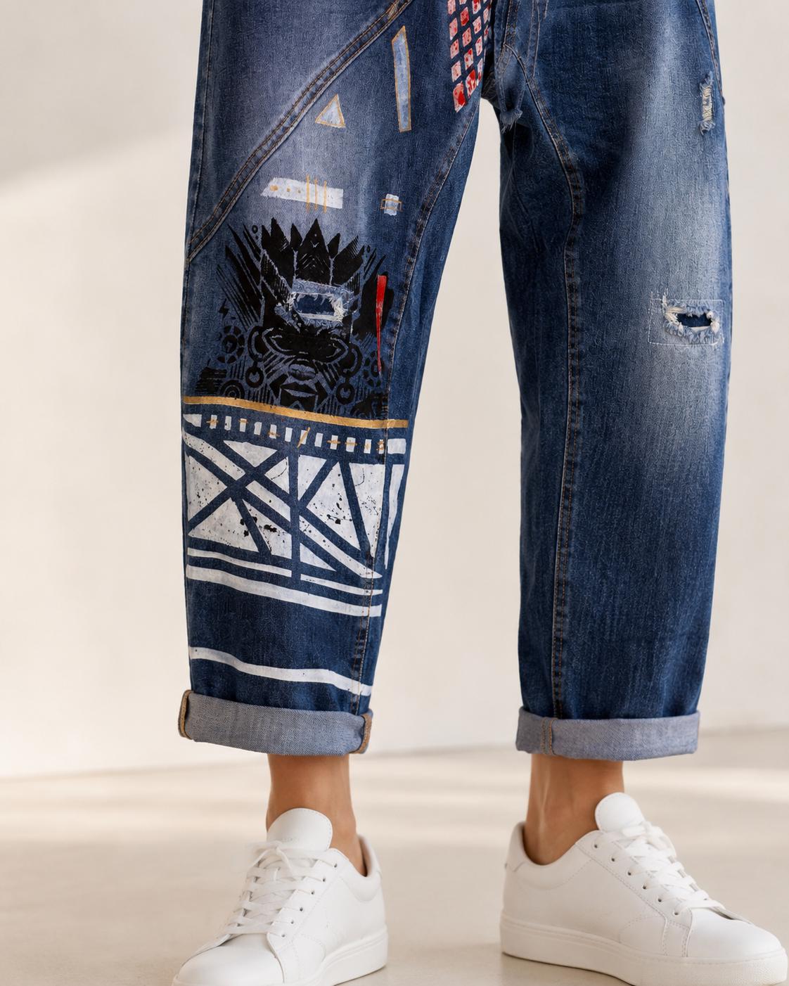 Pantalón vaquero baggy mujer talla L customizado a mano, jeans artísticos con estampado gráfico, pieza única Mi Negra Bella