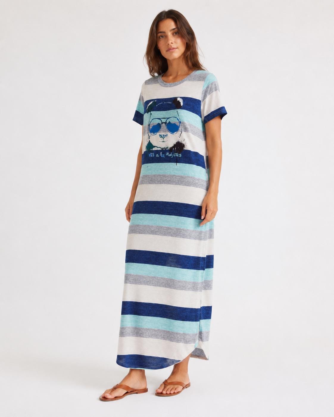 Vestido largo mujer talla M de rayas con panda, vestido casual oversize azul y turquesa, pieza única Mi Negra Bella