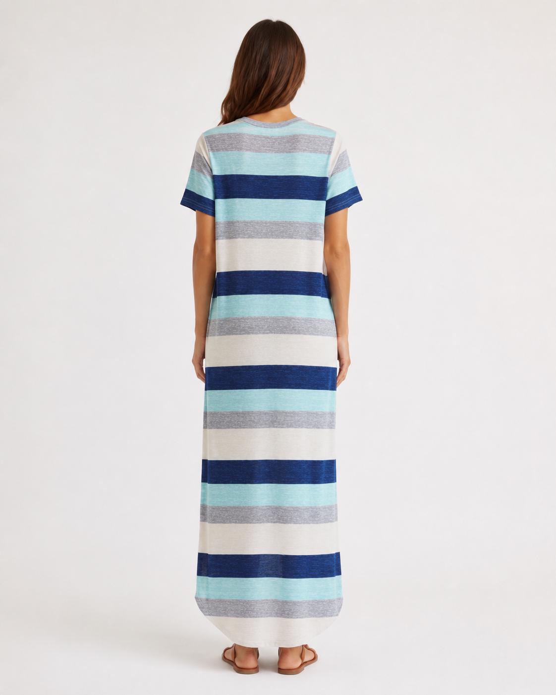 Vestido largo mujer talla M de rayas con panda, vestido casual oversize azul y turquesa, pieza única Mi Negra Bella