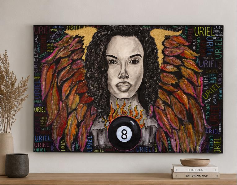 Cuadro original de técnica mixta, retrato alado horizontal 90 × 60 cm – Uriel I