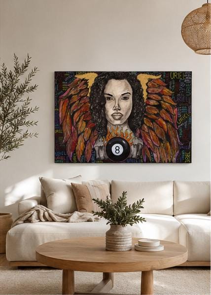 Cuadro original de técnica mixta, retrato alado horizontal 90 × 60 cm – Uriel I