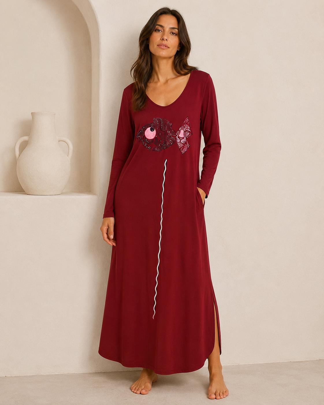 Vestido largo granate mujer | Vestido artístico pintado a mano | Vestido oversize manga larga | Moda artesanal Mi Negra Bella