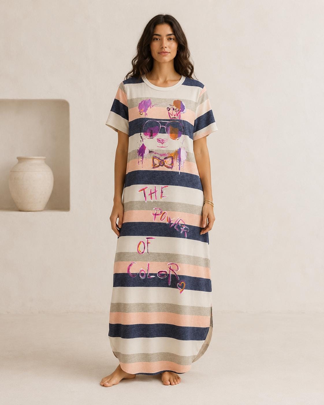 Vestido largo de rayas para mujer | Vestido oversize con panda | Vestido casual verano | Diseño artesanal Mi Negra Bella