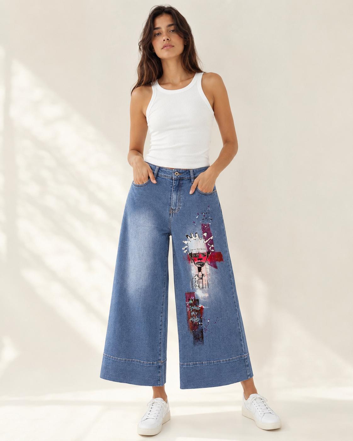 Pantalón Vaquero Artístico Pintado a Mano | Denim Wide Leg Mujer | Inspiración Basquiat | Moda Sostenible | Mi Negra Bella