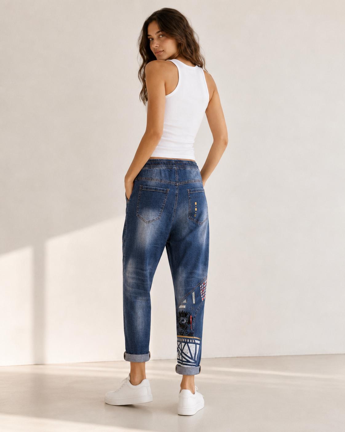 Pantalón vaquero baggy mujer talla L customizado a mano, jeans artísticos con estampado gráfico, pieza única Mi Negra Bella