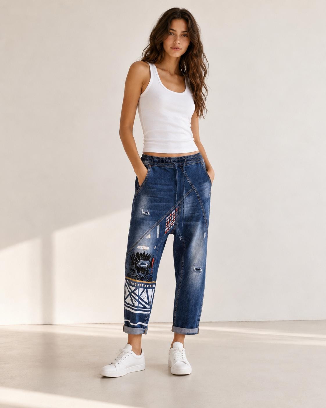 Pantalón vaquero baggy mujer talla L customizado a mano, jeans artísticos con estampado gráfico, pieza única Mi Negra Bella