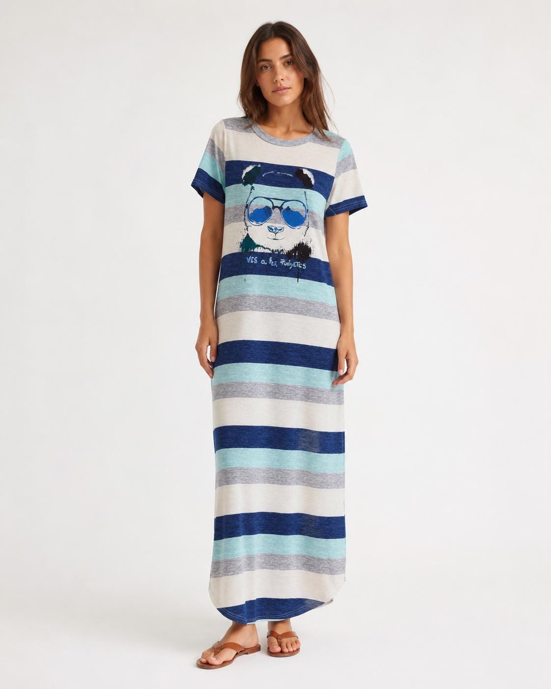 Vestido largo mujer talla M de rayas con panda, vestido casual oversize azul y turquesa, pieza única Mi Negra Bella