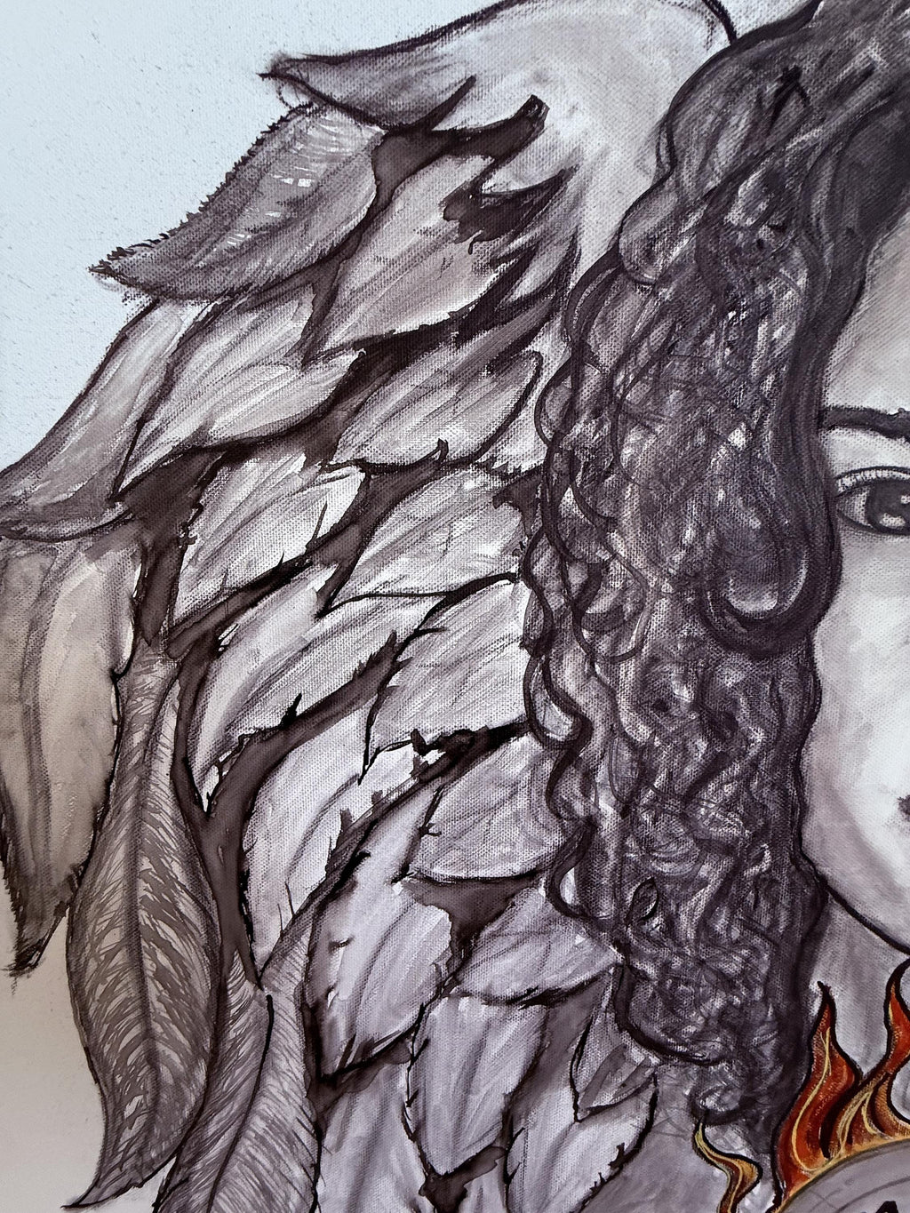 Cuadro original de técnica mixta, retrato alado horizontal 90 × 60 cm – Uriel I