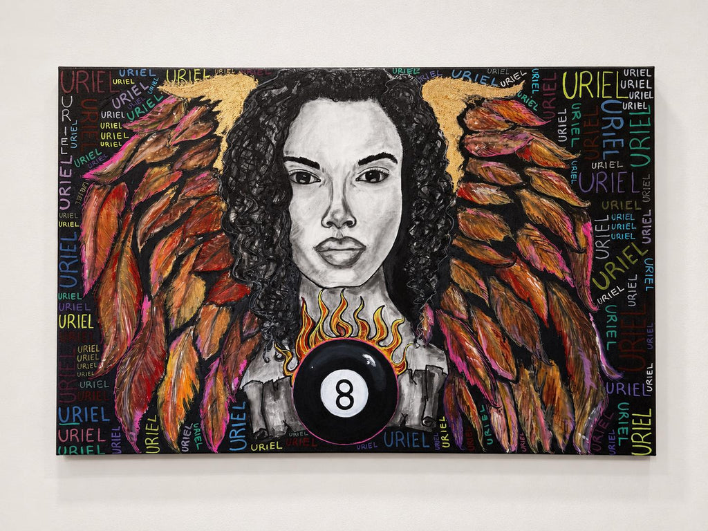 Cuadro original de técnica mixta, retrato alado horizontal 90 × 60 cm – Uriel I
