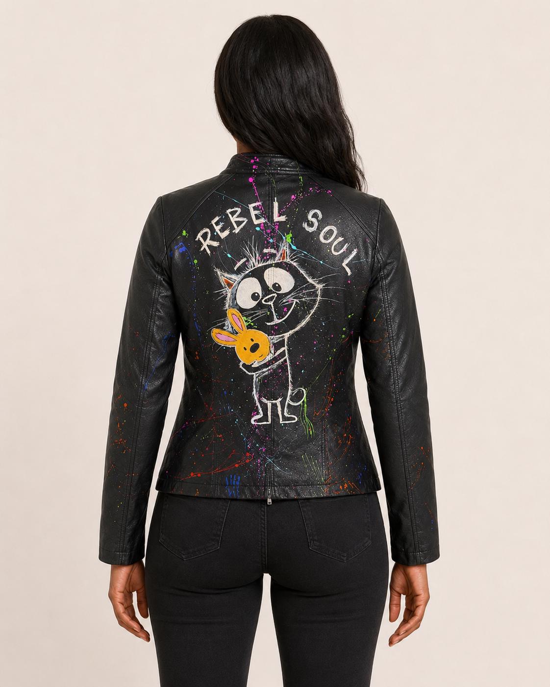Cazadora de mujer negra de polipiel pintada a mano, pieza única Rebel Soul con gato y conejo, talla XL