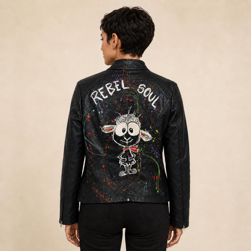 Cazadora negra de mujer pintada a mano Rebel Soul | Talla S | Chaqueta de polipiel artística | Pieza única
