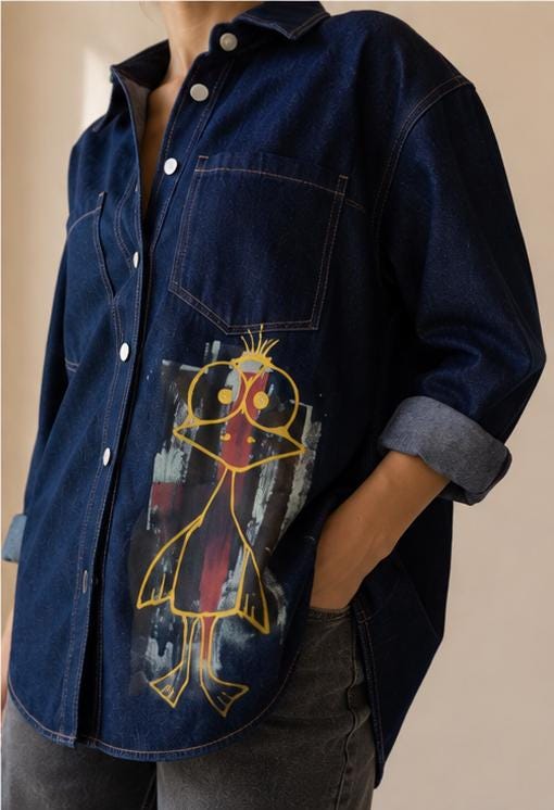 Camisa vaquera índigo oversize con pájaro pintado a mano, mujer talla XL