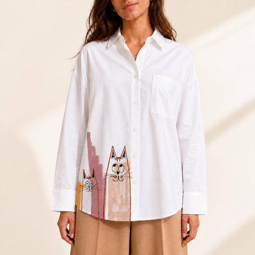 Camisa blanca oversize con gatos pintados a mano talla SM
