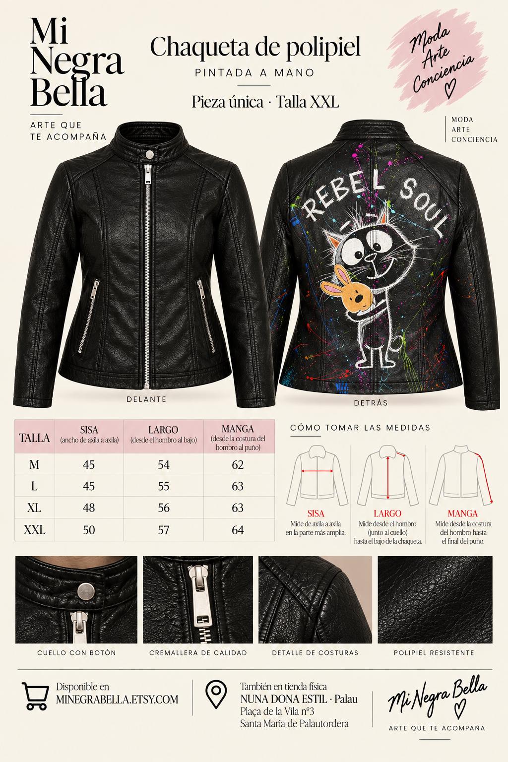 Cazadora de mujer negra de polipiel pintada a mano, pieza única Rebel Soul con gato y conejo, talla XL