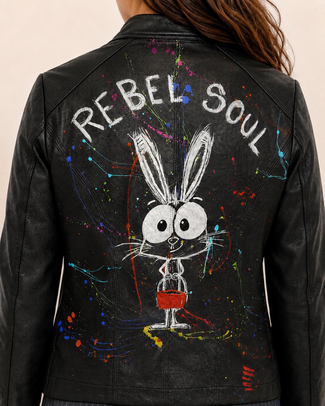 Chaqueta negra de polipiel pintada a mano Rebel Soul, mujer talla M