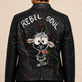 Cazadora negra de mujer pintada a mano Rebel Soul | Talla S | Chaqueta de polipiel artística | Pieza única