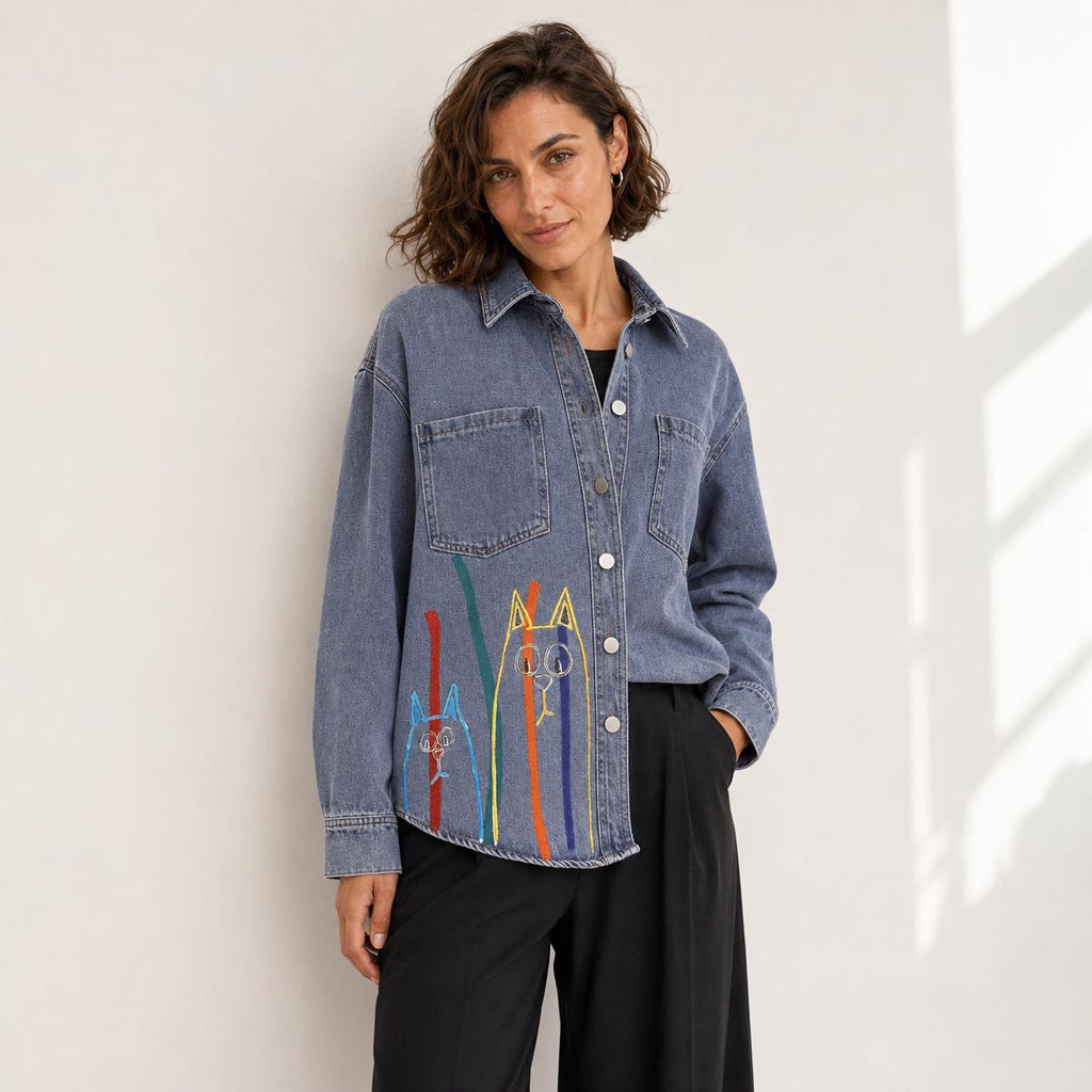 Camisa vaquera de mujer con gatos pintados a mano, talla S/M