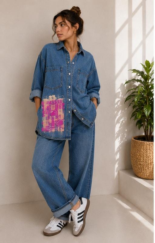 Camisa vaquera oversize con perrito rosa pintado a mano, mujer talla S/M