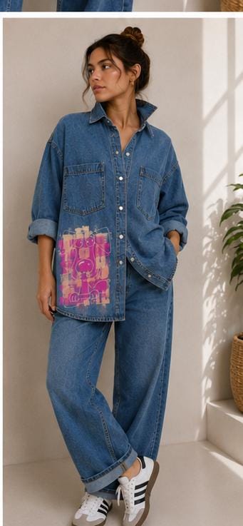 Camisa vaquera oversize con perrito rosa pintado a mano, mujer talla S/M