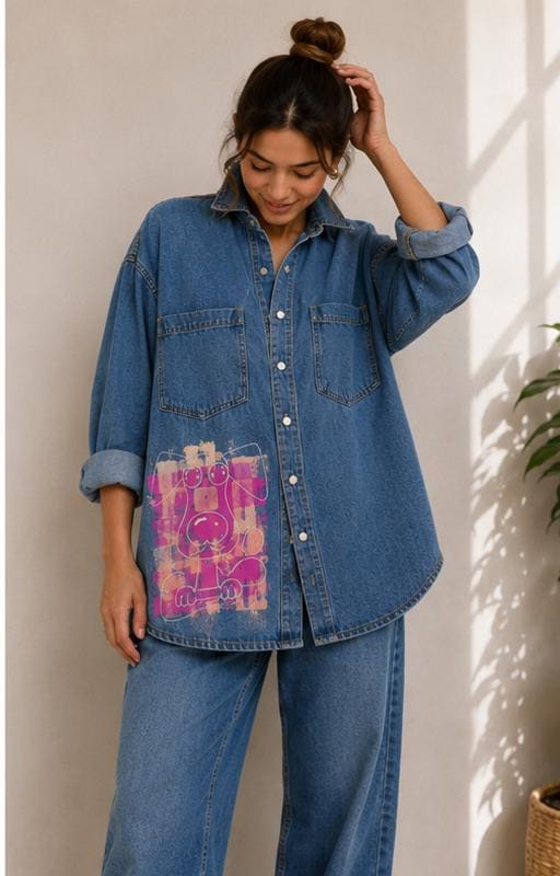 Camisa vaquera oversize con perrito rosa pintado a mano, mujer talla S/M