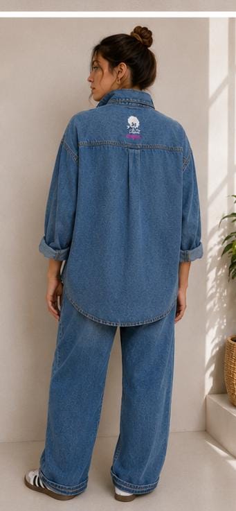 Camisa vaquera oversize con perrito rosa pintado a mano, mujer talla S/M