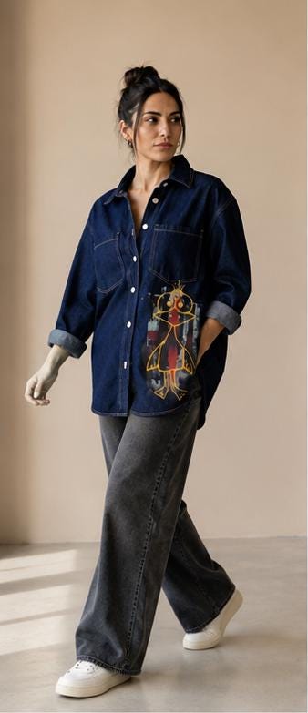 Camisa vaquera índigo oversize con pájaro pintado a mano, mujer talla XL